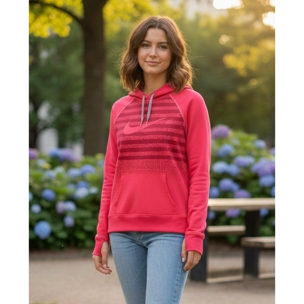 Nike Therma-Fit Pullover Thumbholes Hoodie Women's Pink Striped Graphic Size XS